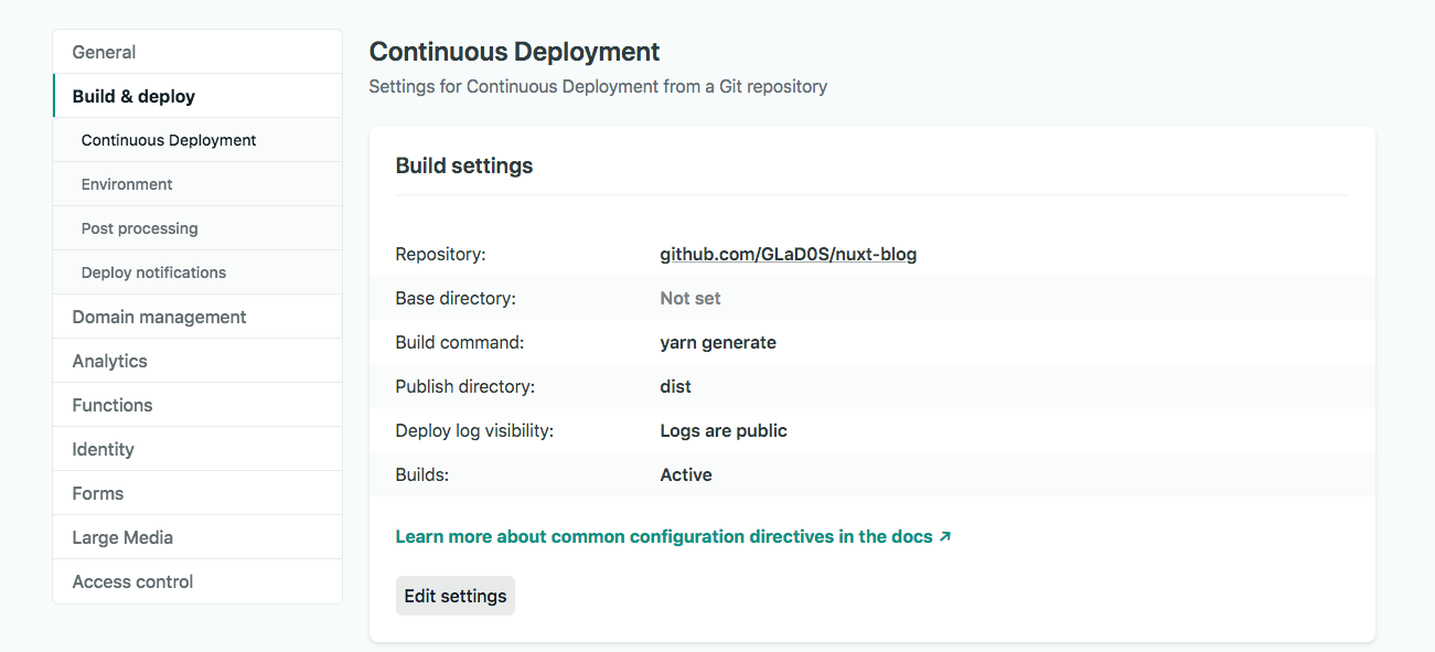 Netlify build settings